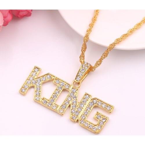 Letters Necklace Men Hip Hop Full Rhinestone King Shape Pendants Necklaces Bling Bling Cuban Chain Hiphop Necklace Jewelry Gift