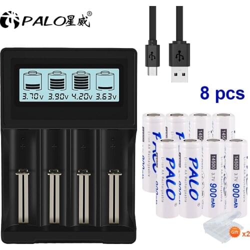 PALO 3.7V 18650 battery charger for 18650 26650 16340 14500 lithium battery+900mah 14500 Li-Ion Rechargeable Battery