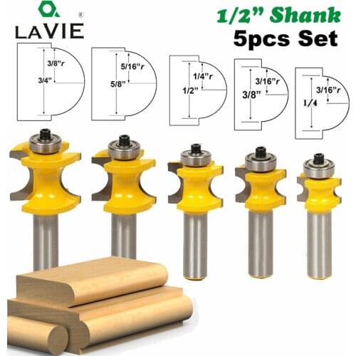 LAVIE 5 PCS 1/2 Shank Bullnose Half Round Bit with Bearing Endmill Bits for Wood Woodworking Tool Milling Cutter