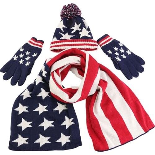 Christmas Gift Unisex kids American UK Flag design knitted hat scarf glove set Women Men Thick Wool Lining 3pcs suit Warm Set