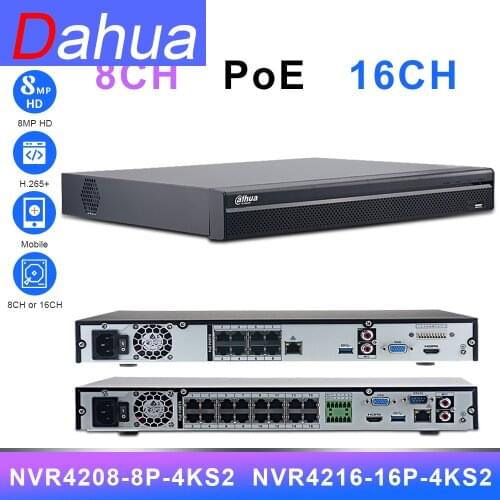 Dahua PoE NVR 8CH 16CH 4K NVR4208-8P-4KS2 NVR4216-16P-4KS2 with HDD PoE Port 8MP H.265 2 SATA for IPC IP Camera Security System