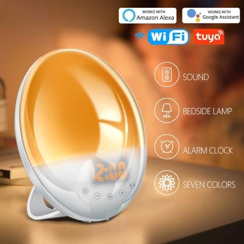 LED Sunrise Light With Wake Up Alarm Clock 7 Colors Wifi Smart Wake Up Light FM Radio Digital Night Light Clock For Googe Home