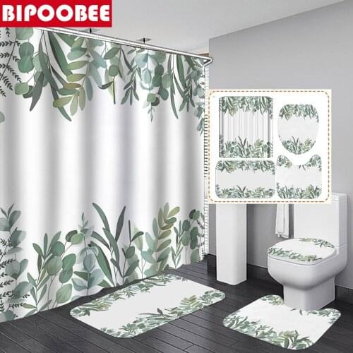 Fabric Shower Curtain with Hooks Green Plant Leaves Artistic Border Bathroom Curtains Bath Mat Non-Slip Carpet Toilet Lid Cover
