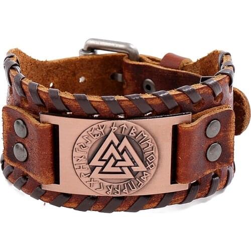 Triangle Handmade Charm Wide Leather Bracelet Men Punk Bronze Alloy Cuff Bangle Male Wristband Viking Bracelet Mens Jewelry