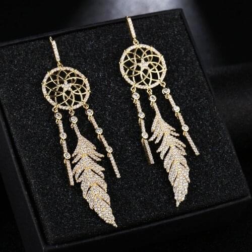 UMGODLY Luxury Cubic Zirconia Indians Dreamcatcher Earrings Leaves Gold Color Monaco Designer Women Fashion Jewelry
