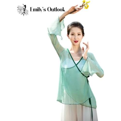 Womens Classical Dance Costumes Chinese Style Chiffon Elegant Body Rhyme Practice Shirt Long Sleeve Thin Transparent