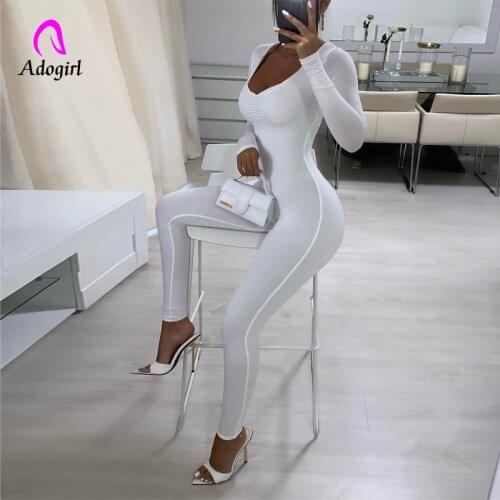 Fitness Women Rompers Solid Long Sleeve 2021 Autumn Skinny Jumpsuits Sexy Low Cut Night Club Party One Piece Workout Activewear