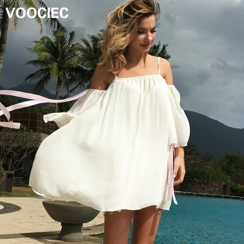 VOOCIEC Double Chiffon Dress Beach Holiday off shoulder strap dress Xianqi floating ribbon sexy loose dress
