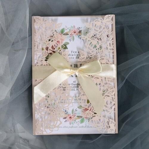 100 pieces/lot) Laser Cut Pink Wedding Invitation Card Shiny Diamond Birthday Engagement Invitations With Burgundy Ribbon IC125