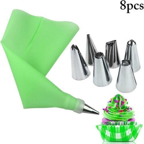 8PCS/bag Silicone Icing Piping Cream Pastry Bag + 6 Stainless Steel Cake Nozzle DIY Cake Decorating Tips Fondant Pastry Tools