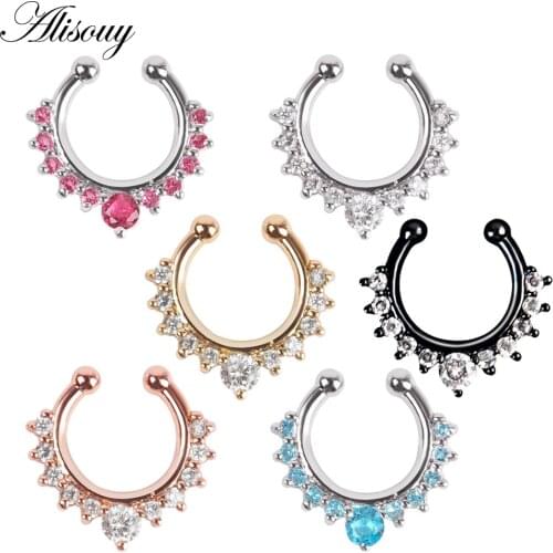 Alisouy 1 PCS 16G Titanium Pole Crystal Septum Clicker High Quality Nose Piercing Jewelry Bright Zircon Crystal Nose Rings studs