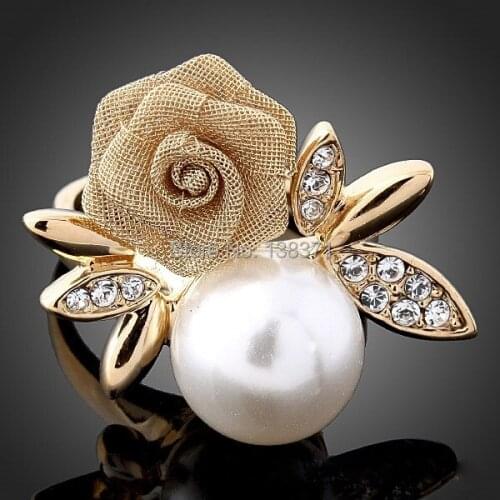 Alisouy Hot Sell! New Lovely HOT Yellow Gold Color Austrian Crystal Pearl Rose Flower female Women Finger Rings
