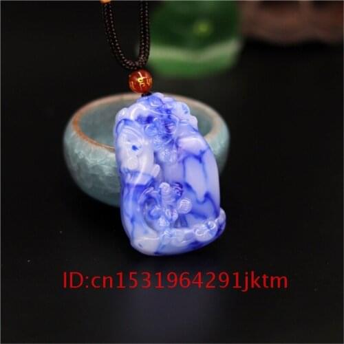 Amulet Women Gifts Charm Jewelry Carved Pendant White Jade Vase Plum Necklace Jadeite Hand Chinese Natural Men Blue blossom