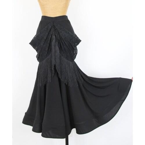 Black Lace Tassel Ballroom Skirts Women Standard Dance Skirt Spanish Flamenco Clothes Ladies Waltz Dancing Practice Wear DN4821