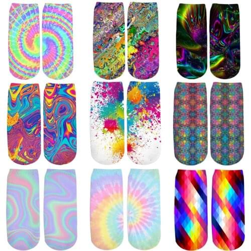 PLstar Cosmos colorful psychedelic 3D Printed Tie Dye/Paint Splatter cotton short ankle socks for Unisex harajuku Novel socks