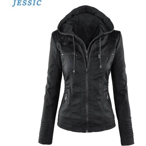 JESSIC Autumn Winter Faux Soft Leather Jackets Coats For Women Black PU Zipper Epaule Motorcycle Streetwear 2020 New