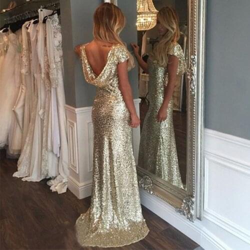 Custom made long plus size light gold sequin mermaid bridesmaid dresses , 2019 hot popular sequin wedding bridal party dresses