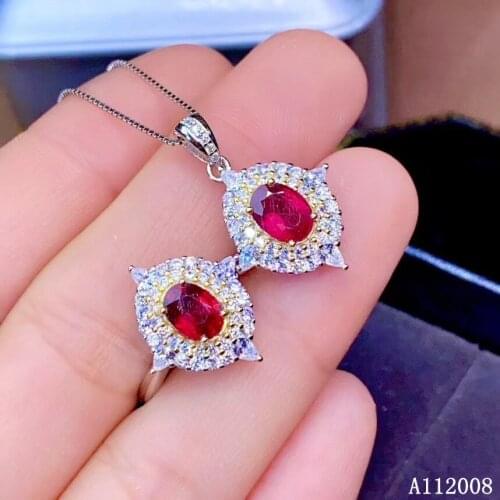 KJJEAXCMY Fine Jewelry 925 Sterling Silver Inlaid Natural ruby Gemstone classic Ring Necklace Pendant Set Support test