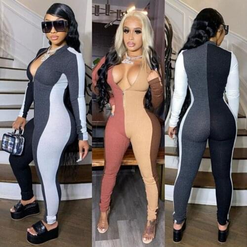 IMucci Fashion Colorblock Jumpsuit Women Front Zipper Stretch Female Bodysuit 2020 Autumn Sexy Slim Long Sleeve Ladies Clothing