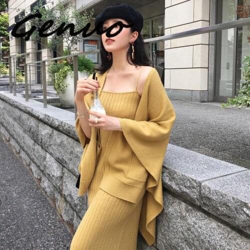 Genuo New 2019 Autumn Winter Women Knit Wool Blends Cardigan Coat Knitwear Jackets+two Piece Sleeveless Knit Dress Set