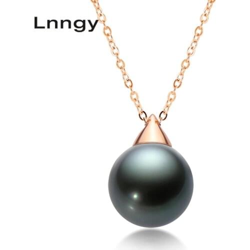 Lnngy 18K Rose Gold 10-11mm Genuine Black Tahitian South Sea Cultured Pearl Infinity Pendant Necklace for Women with Chain