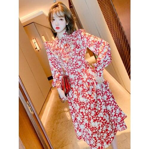Gentle floral bow ribbon collar Lace Ruffle Long Sleeve Dress 2021 Spring new High Quality Top Quality