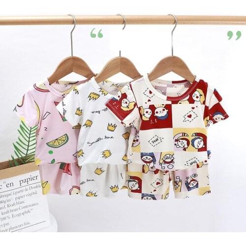 Summer New Short Sleeve Childrens Tops+shorts Sleepwear 2pcs Cartoon Print Kids Baby Pajamas Sets Boys Girls Cotton Outfits Set