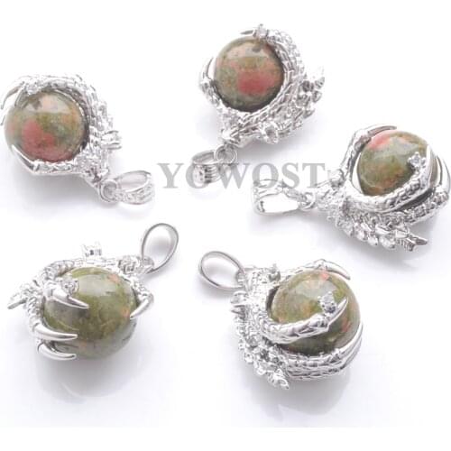Wholesale 5Pcs Unakite Jaspers Natural Stone Pendants Round Ball Bead Dragon Claw Crystal Reiki Chakra Women Gift QN3108