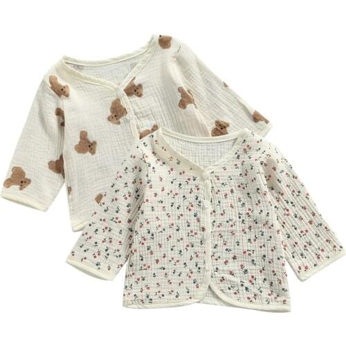 0-3Years Toddler Baby Girl Toddlers Autumn Jacket Bear/Flower Print V-Neck Long Sleeve Button-Open Outfit