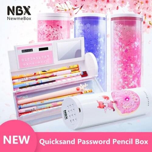Kawaii School Password Pencil Case Quicksand High Capacity With Solar Calculator Whiteboard Pen Box Office Stationery Storage