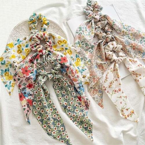 Korean Floral Ribbon Long Ribbon Hair Scrunchie Chiffon Print Sweet Elastic Hair Band Ponytail Hair Scarf Tie Hair Accessories