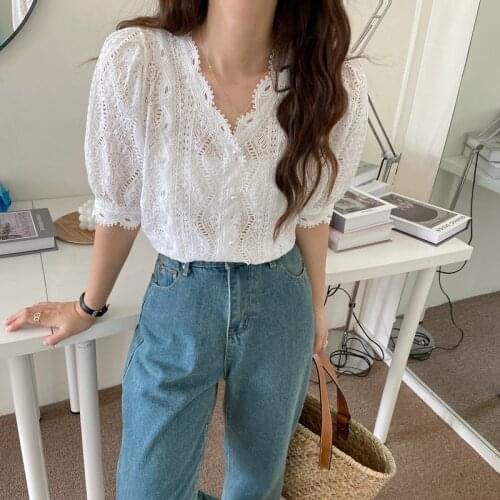 RUGOD 2021 Korean version of V-neck heavy industry lace hollow embroidery single-breasted temperament short-sleeved shirt women