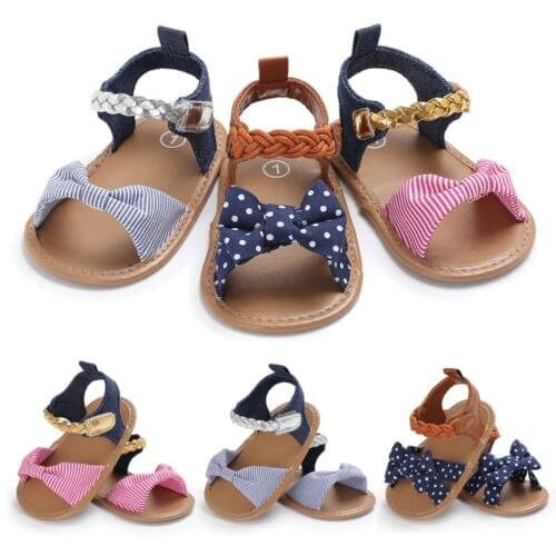 Toddler Girls Baby Bow-Knot Sandals Summer Canvas Stripe Dots Shoes Sandals Soft Sole Anti Slip Prewalker 0-18M