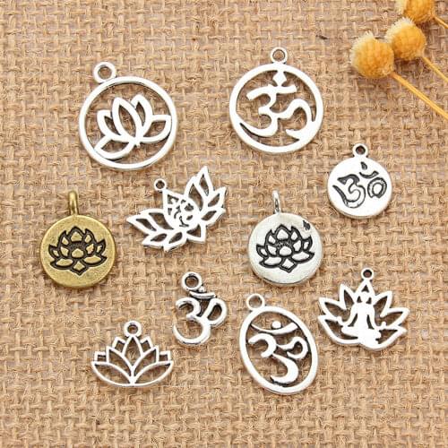 10pcs/lot Mix Styles Tibetan Silver Lotus Flower Yoga OM Charm Pendants Jewelry Accessories Bracelet DIY Jewelry Findings