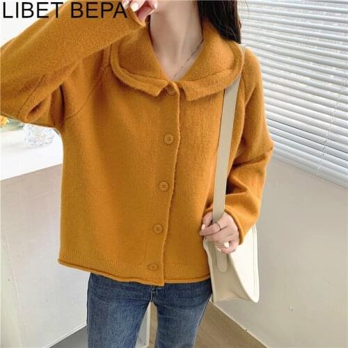 New 2021 Womens Autumn Winter Sweaters Peter Pan Collar Buttons Cardigans Vintage Oversized Elegant Wild Lady Tops SWC1532JX