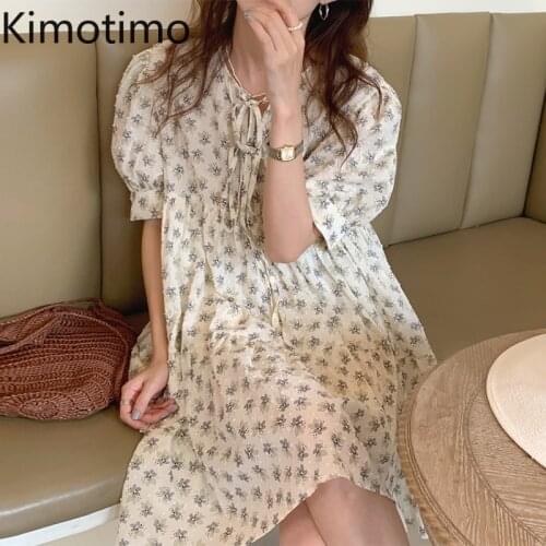 Kimotimo Print Loose Dress Women Korean Chic Summer Sweet Small Fresh V Neck Lace Up Design Short Sleeve Little Guy Doll Dress