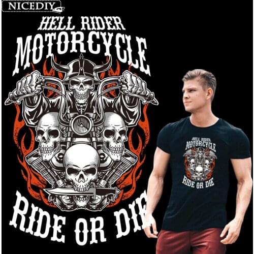 Nicediy Heat Transfer Vinyl Sticker Patches Iron On Transfer For Clothes Skull Motorcycle Rider Patch Thermal Transfer Press DIY