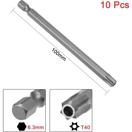 UXCELL 10pcs 1/4" Shank 6.3mm Bit T40 Magnetic Torx Head Security Screwdriver Bits 100mm Length S2 High Alloy Steel