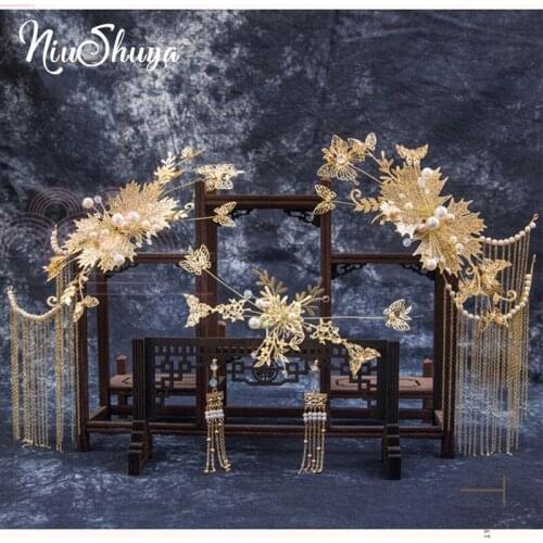 NiuShuya Traditional Chinese Hairpin Gold Hair Combs Wedding Hair Accessories Headband Stick Headdress Head Jewelry Headpiece