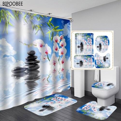 Lake Projection Pattern Bathroom Curtain Zen Stone Flowers Bath Mat Set Waterproof Shower Curtains Toilet Lid Cover Pedestal Rug