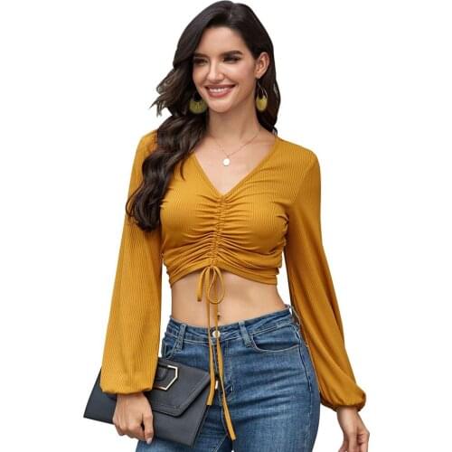 Womens shirt Summer Sexy shirts V Neck Long Sleeve Drawstring Solid Color Crop Top shirt Women 2020