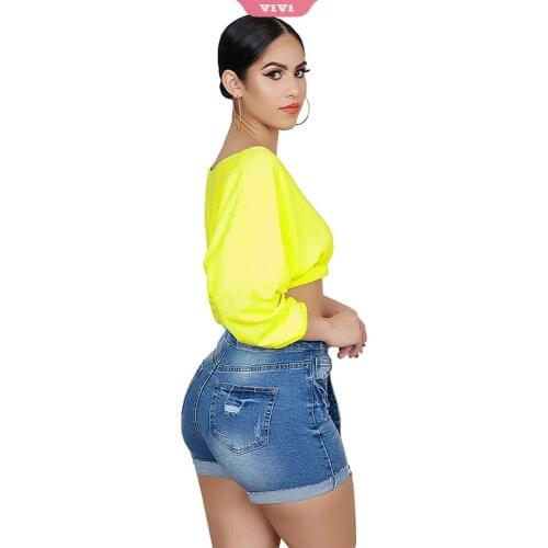 2021 Summer Womens Denim Shorts with Curled Edges and Rotten Edges High Stretch Mid-waist Ripped Pants Shorts