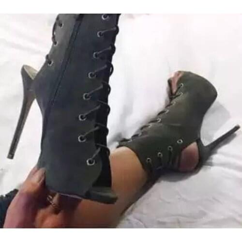 Luxury Black Suede Women Short Boots Lace up open Toe Color Block Thin Heels Season Botas Women Gladiator Ankle Booty