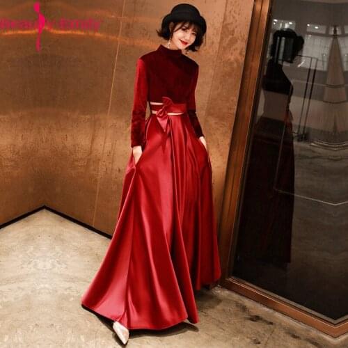 Evening Dresses Beauty Emily Long Sleeve High Neck Special Occasion Dress 2019 Elegant Vintage Burgundy Lace Up Back Dresses