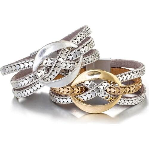 Amorcome Multilayer Leather Bracelets for Women Vintage Oval Metal Charms Cross Wrap Bracelets Jewelry Unisex Accessories