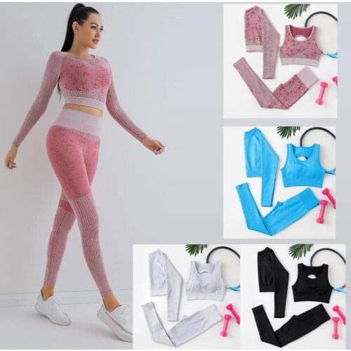 3PCS Seamless Women Yoga Set Gym Clothing Fitness Bras Long Sleeve Crop Top High Waist Leggings Workout Sportswear Sports Suits
