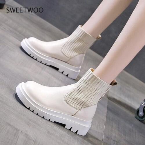 Ankle Boots Woman Slip-On Shoes Woman Fashion Knitted Elastic Round Toe Short Boots Platform Square Heels Leather Boots Women