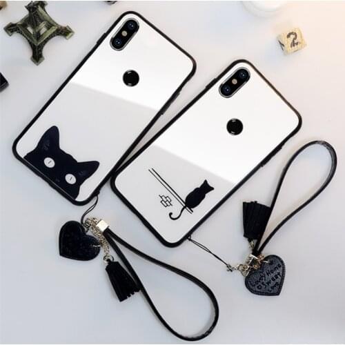 Case & Strap For Xiaomi Mi A3 A1 A2 Lite mi 6x Case Glass Hard Cover For Xiaomi Mi 5x 6x a3 Lite simple Cute cat lanyard funda