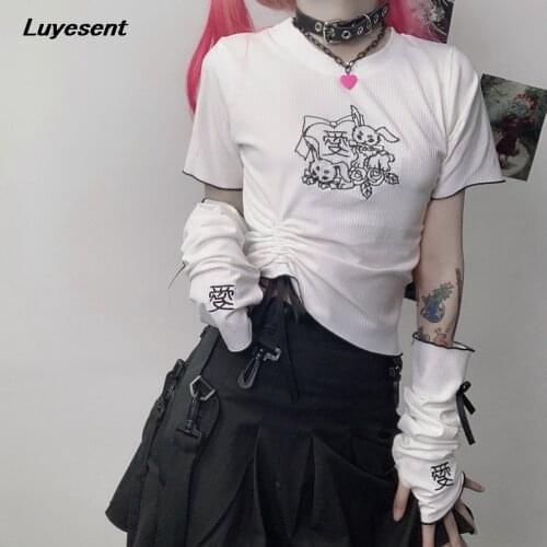 Black White Kawaii Embroidery Girl T Shirt With Outsleeves Y2k Character Cartton Lovely Draw String Tshirt Korean Fashion Tops