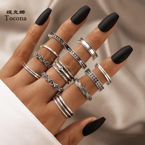 Tocona 12pcs/set Vintage Silver Color Flowers Joint Ring Sets for Women Charms Geomtry Alloy Metal Party Jewwlry Anillo 19034